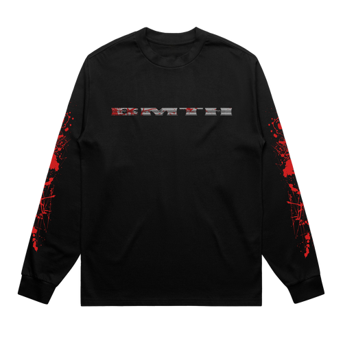 Black unisex long-sleeve regular fit T-shirt with silver and red BMTH text print across the chest, and red bloodbath print across the sleeves and back.