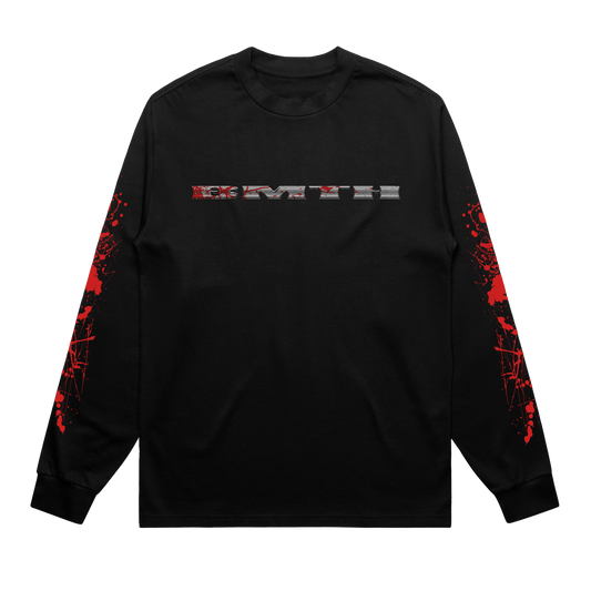 Black unisex long-sleeve regular fit T-shirt with silver and red BMTH text print across the chest, and red bloodbath print across the sleeves and back.