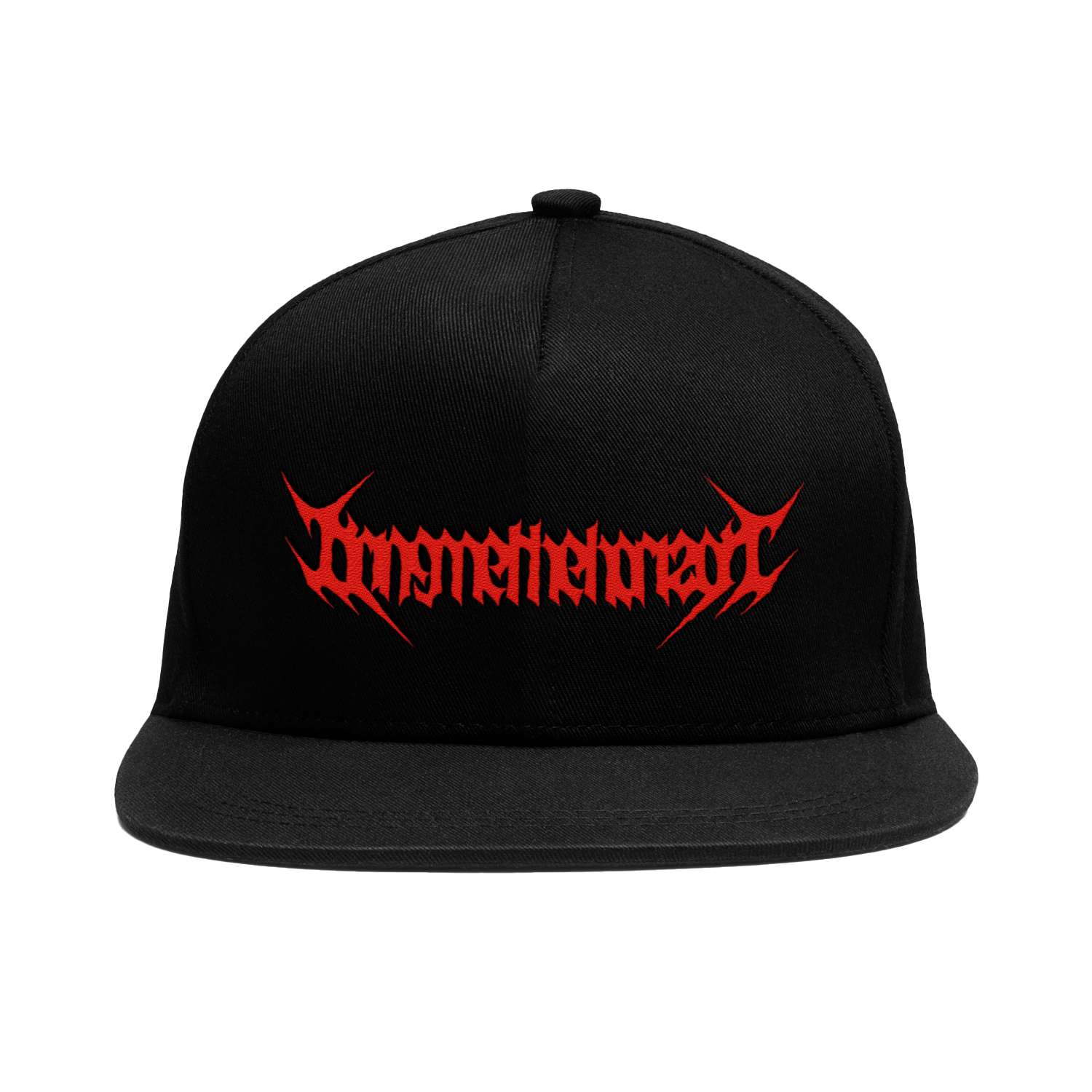 Black unisex trucker hat with red print across the front