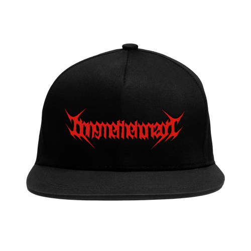 Black unisex trucker hat with red print across the front