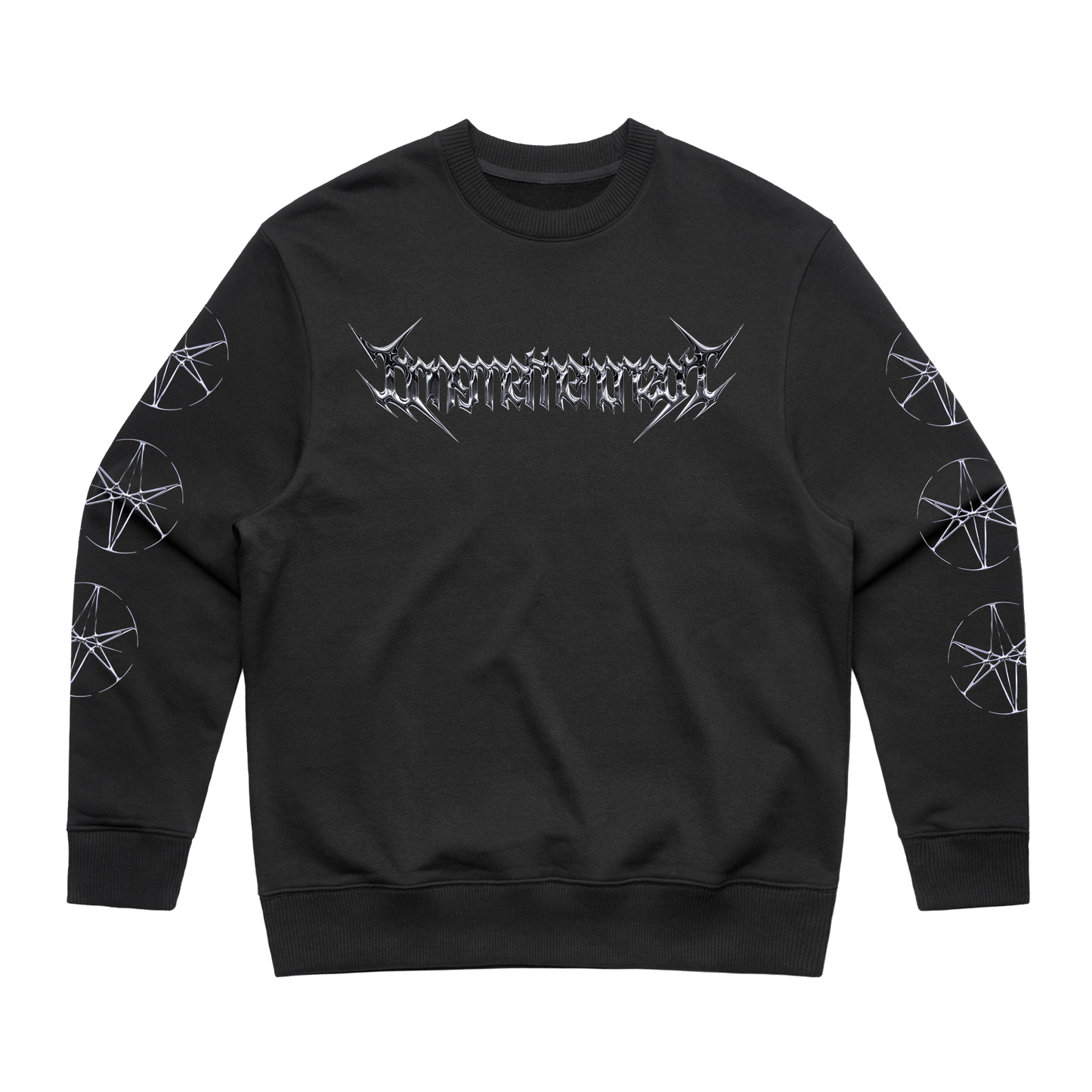 Black unisex regular fit crewneck with Bring Me the Horizon chrome print across the front and chrome hex print along the sleeves.