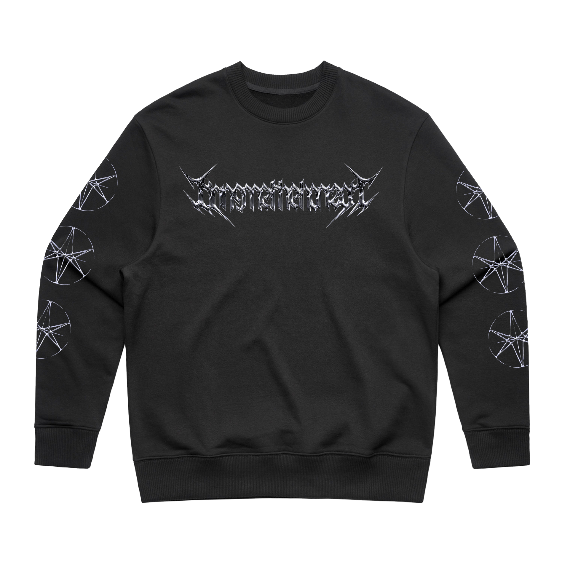 Black unisex regular fit crewneck with Bring Me the Horizon chrome print across the front and chrome hex print along the sleeves.