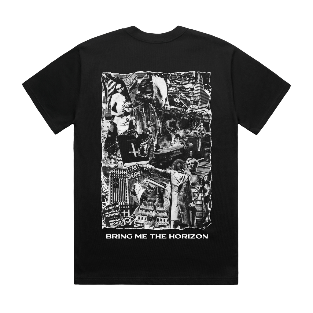 Black unisex short-sleeve regular fit T-shirt with white Bring Me the Horizon star print across the chest and collage print across the back.