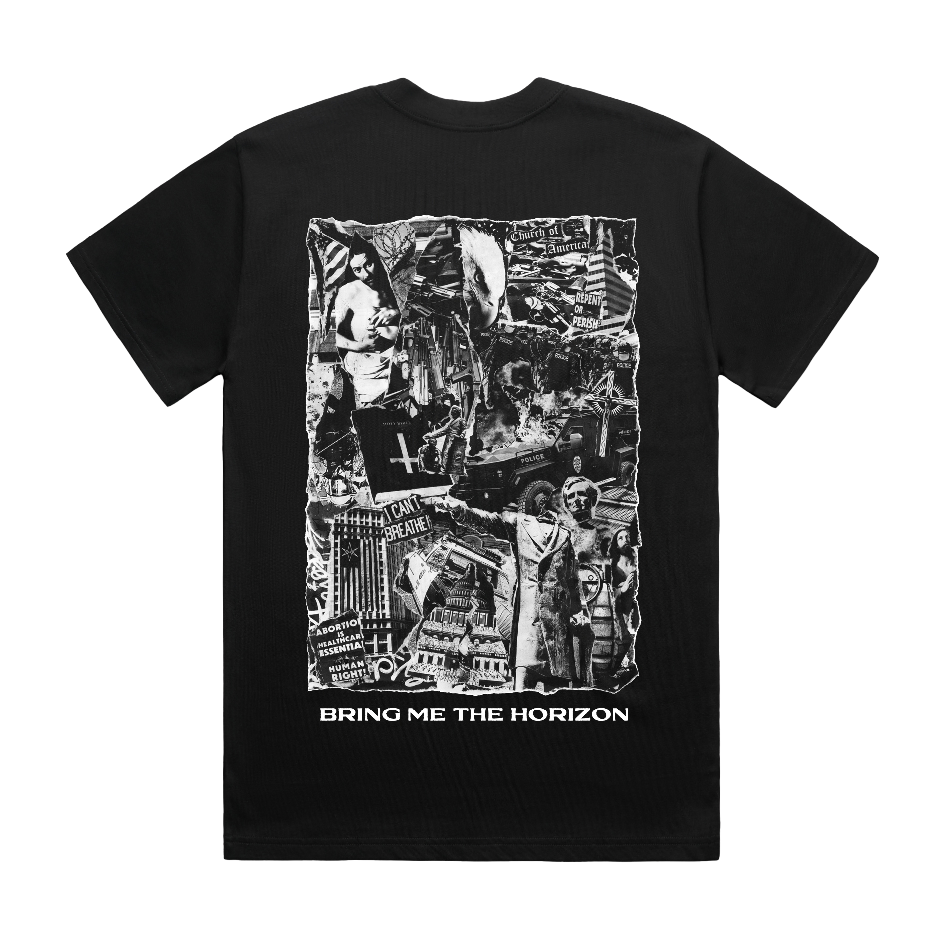 Black unisex short-sleeve regular fit T-shirt with white Bring Me the Horizon star print across the chest and collage print across the back.