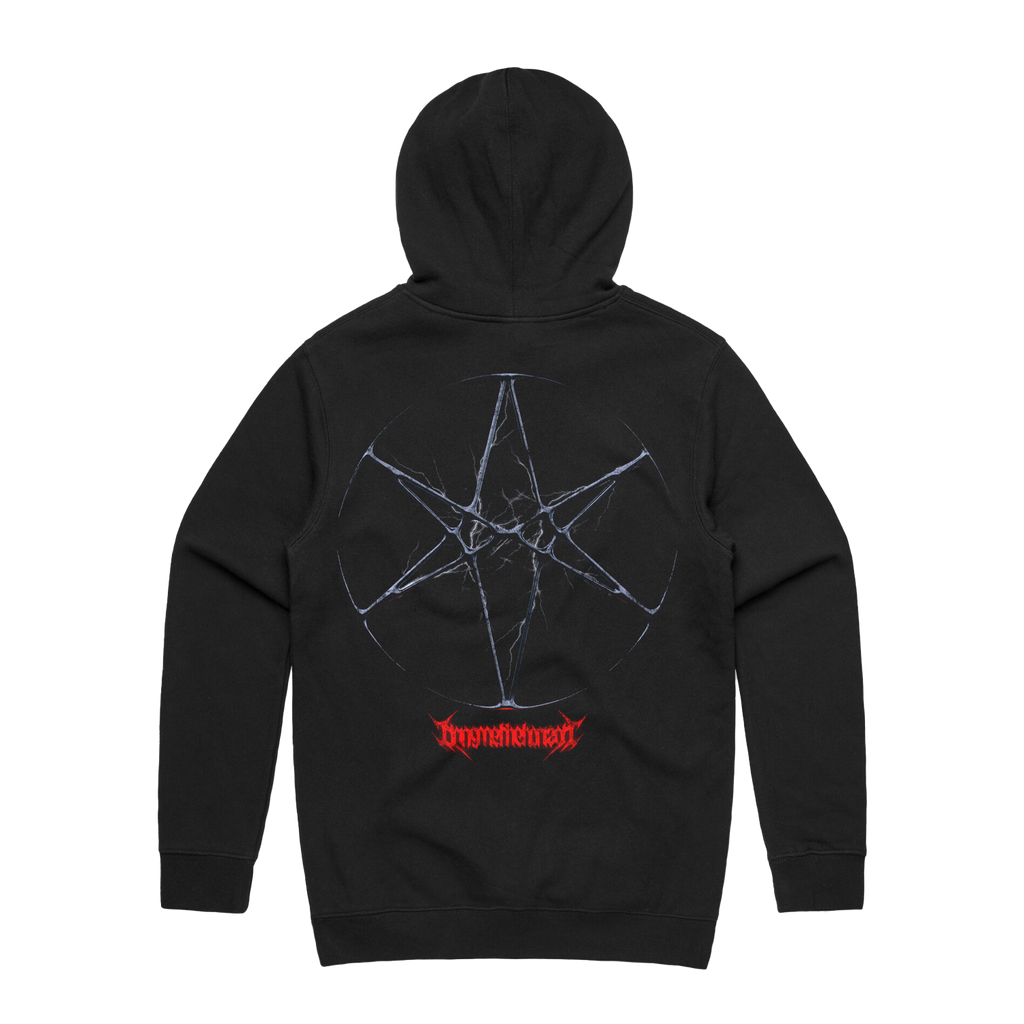 Black unisex regular fit hoodie with drawstring hood and kangaroo pocket on the front, featuring BMTH thorn skull print across the front and hex print across the back.
