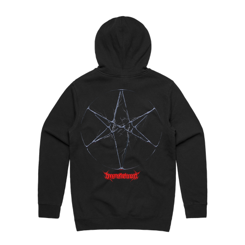 Black unisex regular fit hoodie with drawstring hood and kangaroo pocket on the front, featuring BMTH thorn skull print across the front and hex print across the back.
