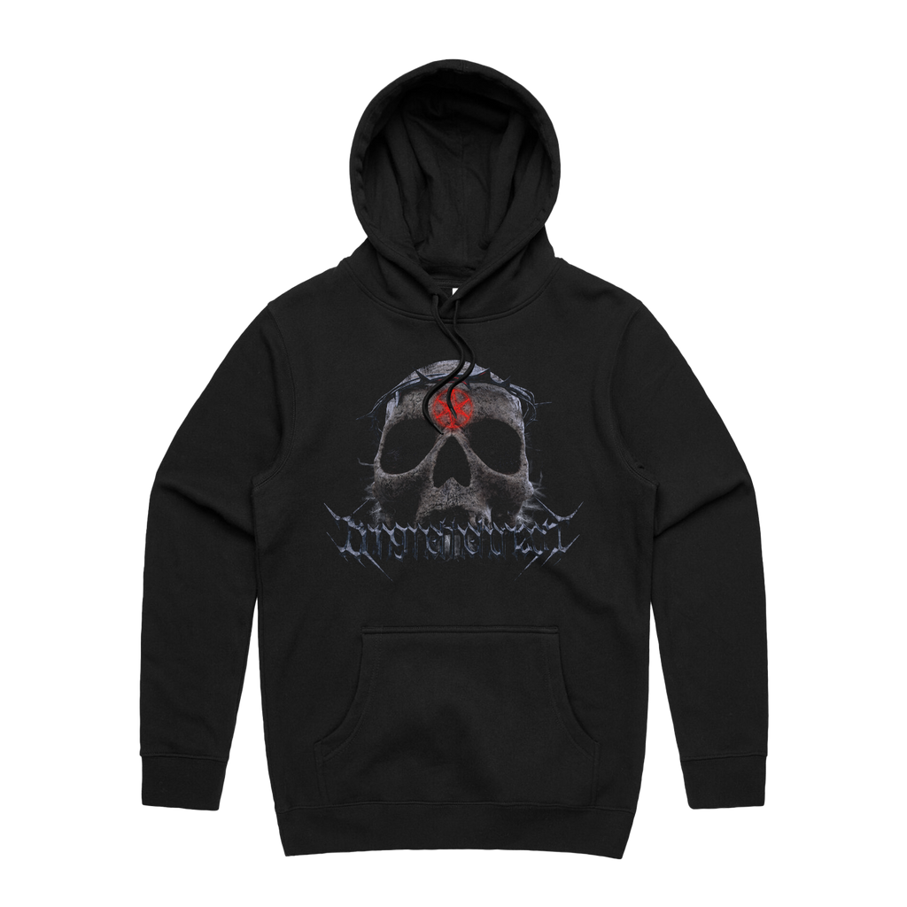 Black unisex regular fit hoodie with drawstring hood and kangaroo pocket on the front, featuring BMTH thorn skull print across the front and hex print across the back.