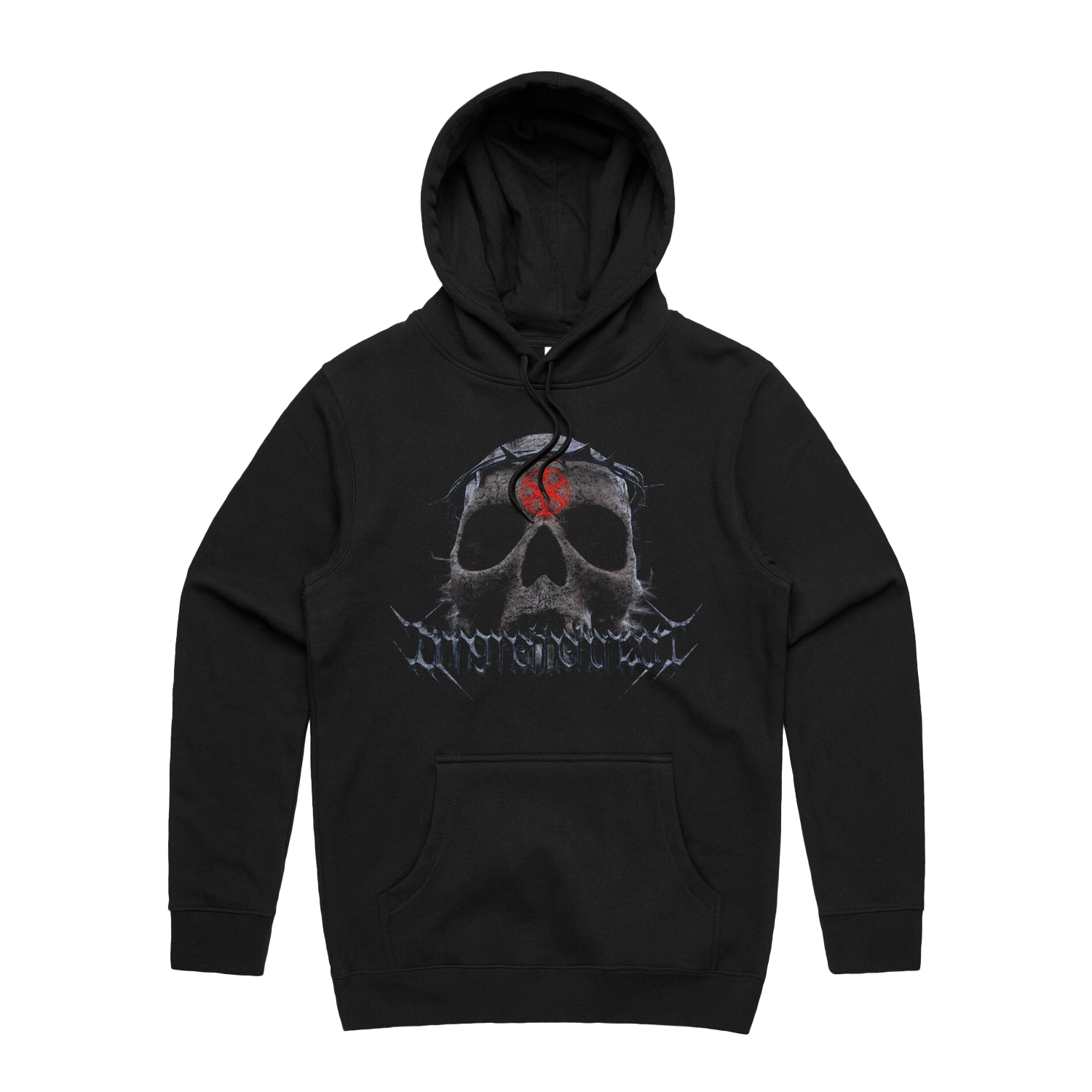 Black unisex regular fit hoodie with drawstring hood and kangaroo pocket on the front, featuring BMTH thorn skull print across the front and hex print across the back.
