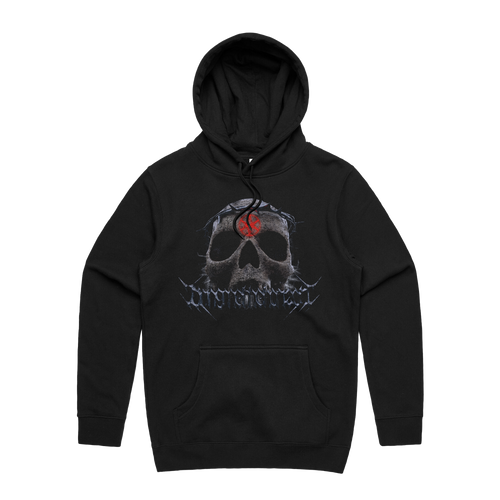Black unisex regular fit hoodie with drawstring hood and kangaroo pocket on the front, featuring BMTH thorn skull print across the front and hex print across the back.