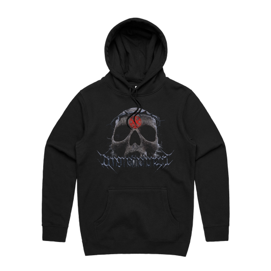 Black unisex regular fit hoodie with drawstring hood and kangaroo pocket on the front, featuring BMTH thorn skull print across the front and hex print across the back.