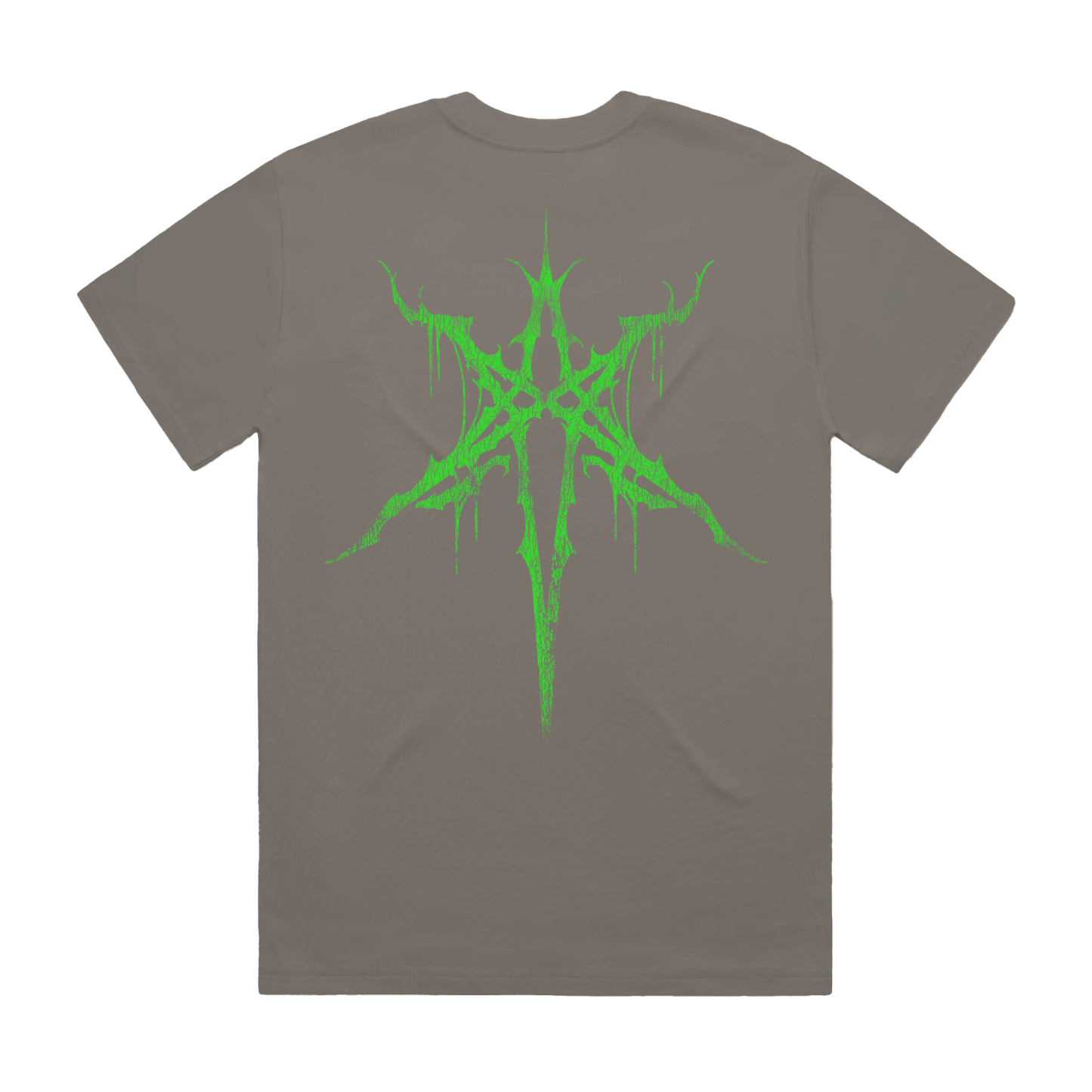 Charcoal unisex short-sleeve regular fit T-shirt with green spiky Bring Me the Horizon text print across the front and green spiky hex print across the back.