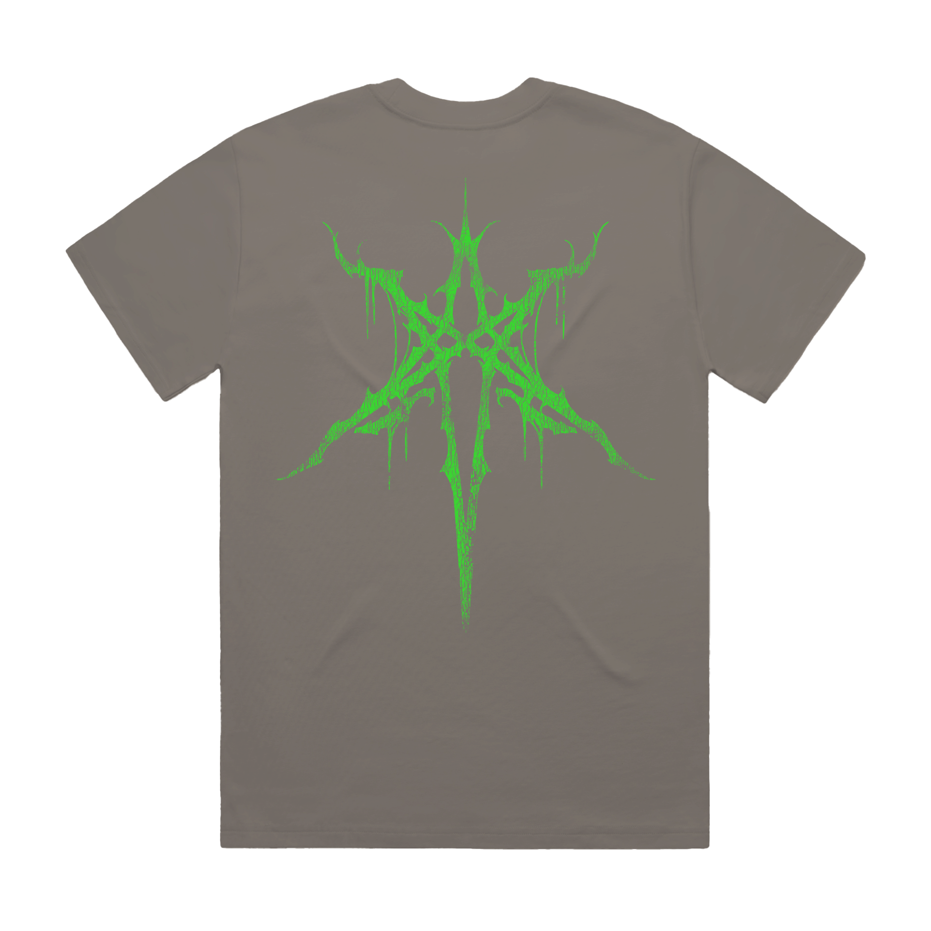 Charcoal unisex short-sleeve regular fit T-shirt with green spiky Bring Me the Horizon text print across the front and green spiky hex print across the back.