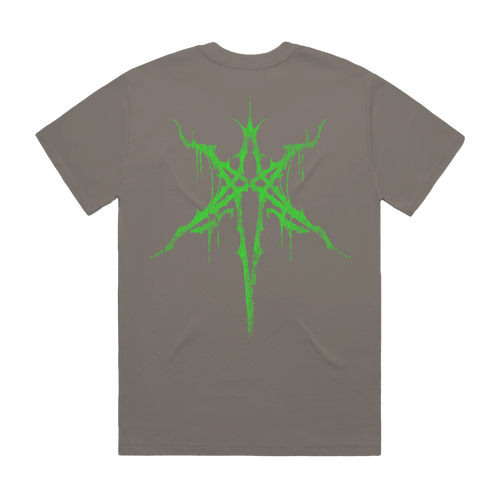 Charcoal unisex short-sleeve regular fit T-shirt with green spiky Bring Me the Horizon text print across the front and green spiky hex print across the back.
