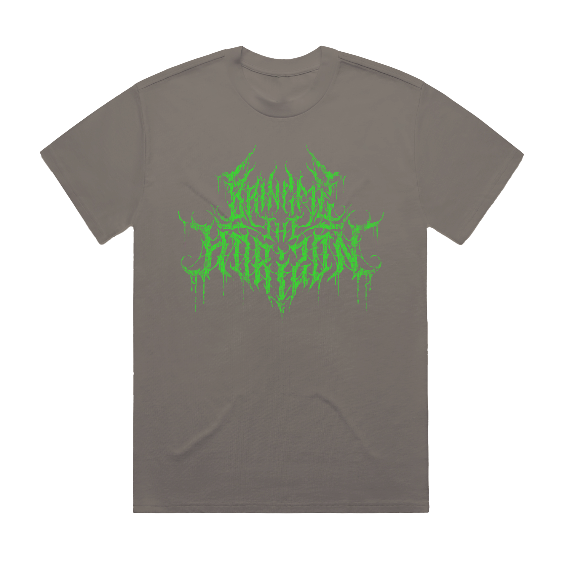Charcoal unisex short-sleeve regular fit T-shirt with green spiky Bring Me the Horizon text print across the front and green spiky hex print across the back.
