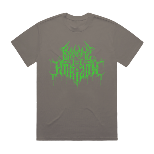 Charcoal unisex short-sleeve regular fit T-shirt with green spiky Bring Me the Horizon text print across the front and green spiky hex print across the back.