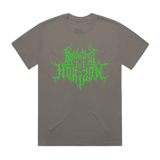 Charcoal unisex short-sleeve regular fit T-shirt with green spiky Bring Me the Horizon text print across the front and green spiky hex print across the back.