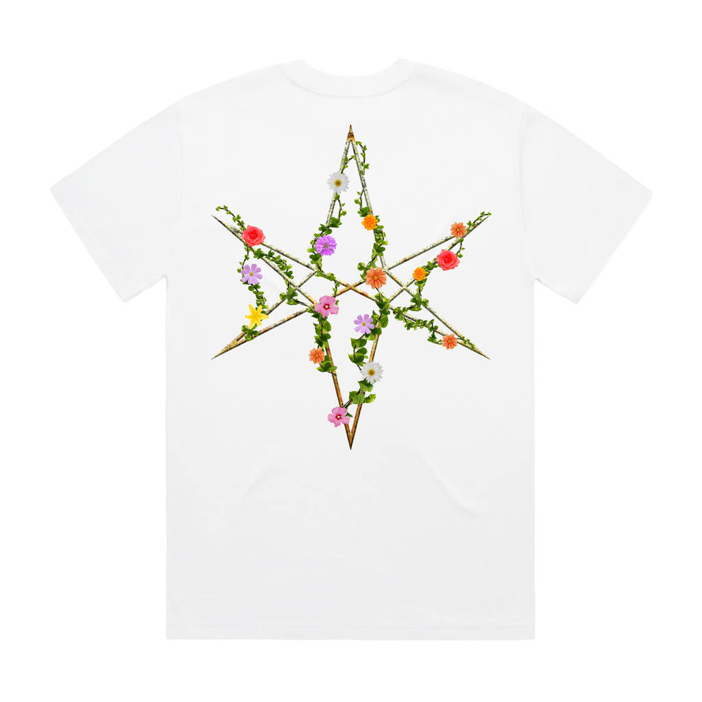 White unisex short-sleeve regular fit T-shirt with floral 'Bring Me the Horizon' text print across the chest and floral hex print across the back. 