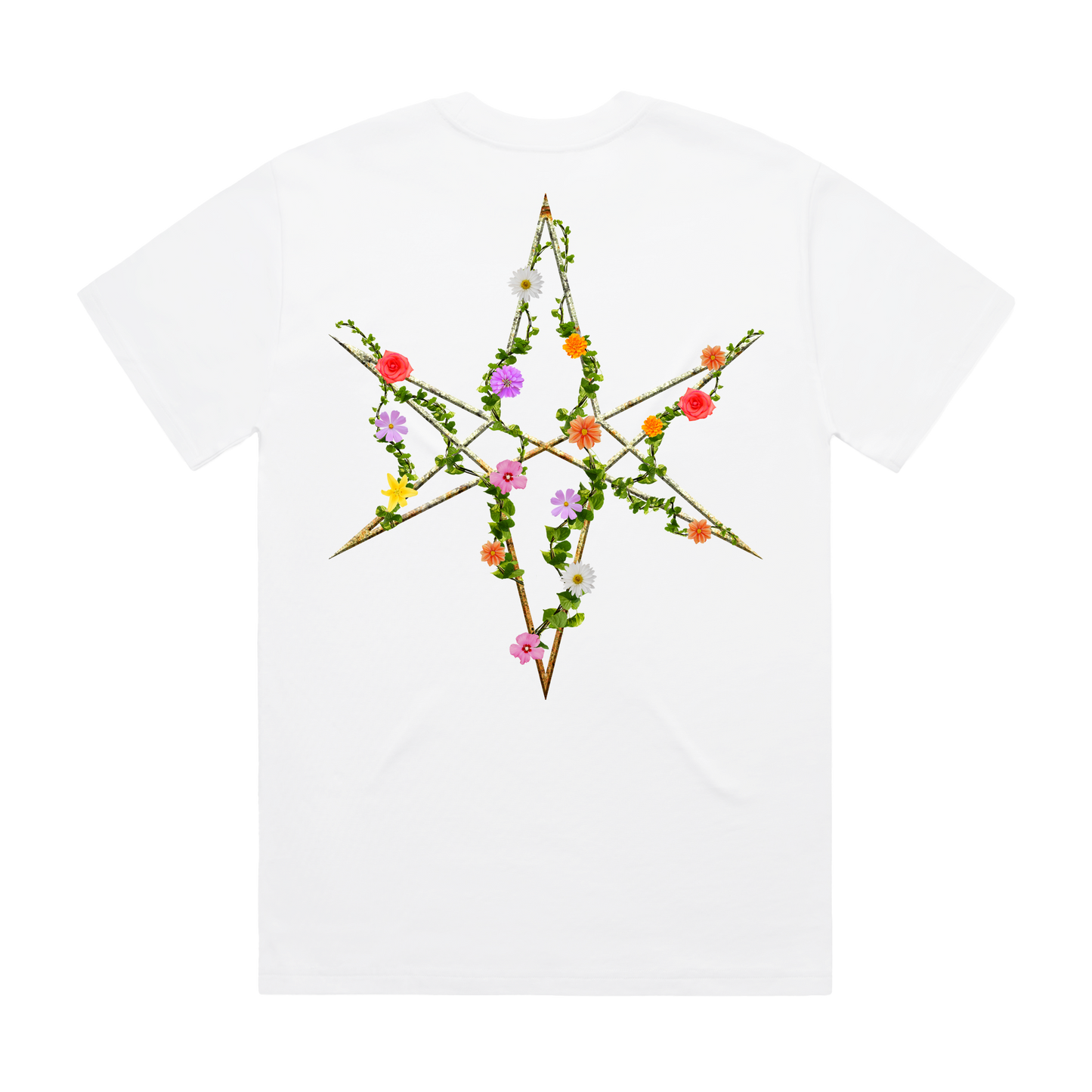 White unisex short-sleeve regular fit T-shirt with floral 'Bring Me the Horizon' text print across the chest and floral hex print across the back. 