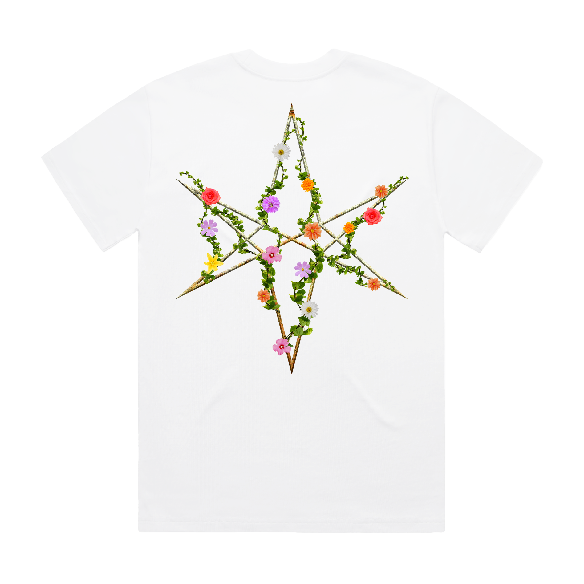 White unisex short-sleeve regular fit T-shirt with floral 'Bring Me the Horizon' text print across the chest and floral hex print across the back. 