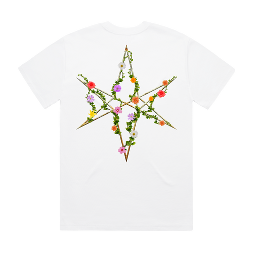 White unisex short-sleeve regular fit T-shirt with floral 'Bring Me the Horizon' text print across the chest and floral hex print across the back. 