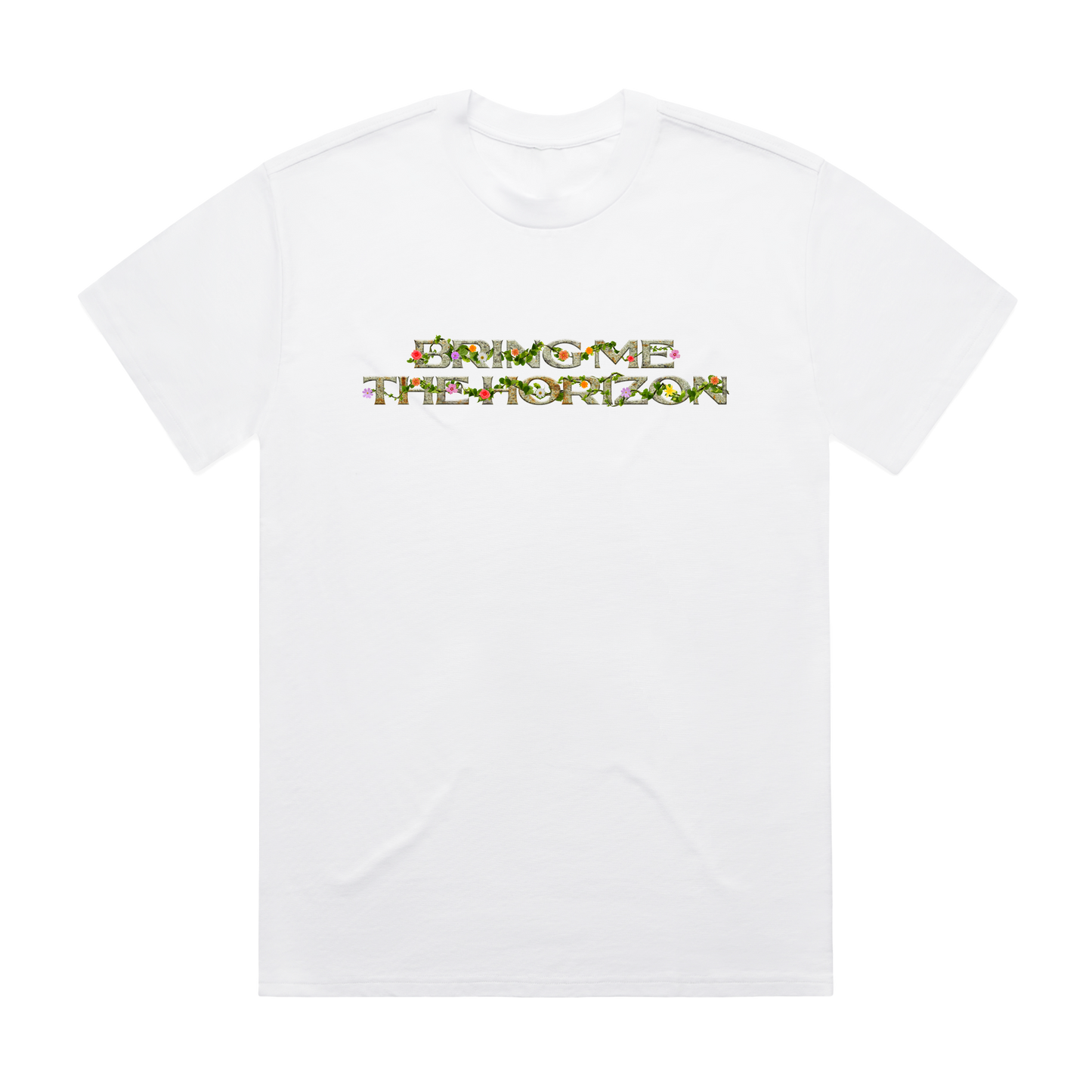 White unisex short-sleeve regular fit T-shirt with floral 'Bring Me the Horizon' text print across the chest and floral hex print across the back. 