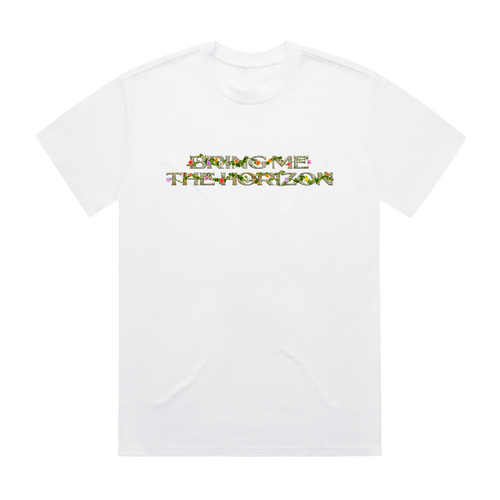 White unisex short-sleeve regular fit T-shirt with floral 'Bring Me the Horizon' text print across the chest and floral hex print across the back. 