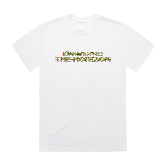 White unisex short-sleeve regular fit T-shirt with floral 'Bring Me the Horizon' text print across the chest and floral hex print across the back. 