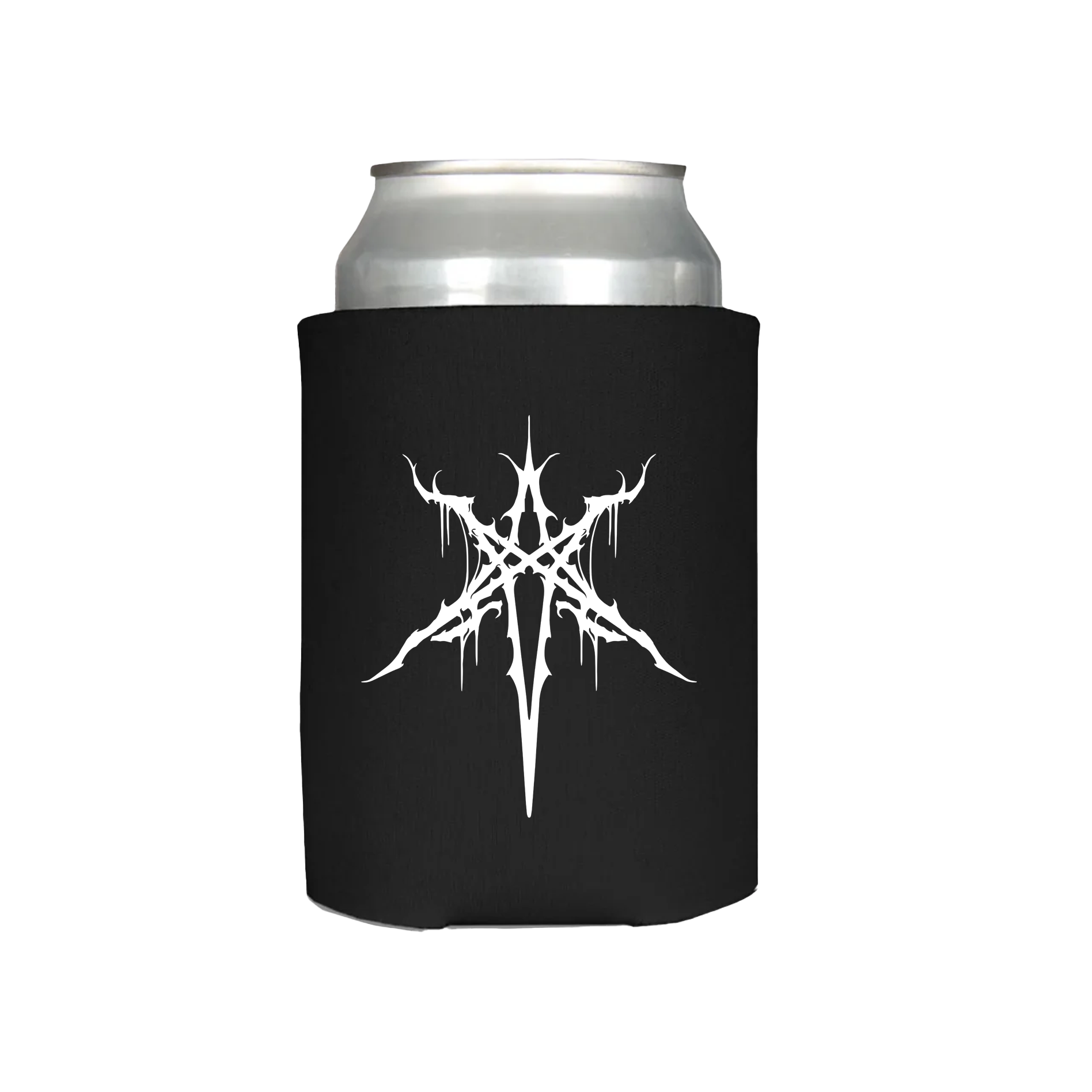 Black koozie with white BMTH hex print.