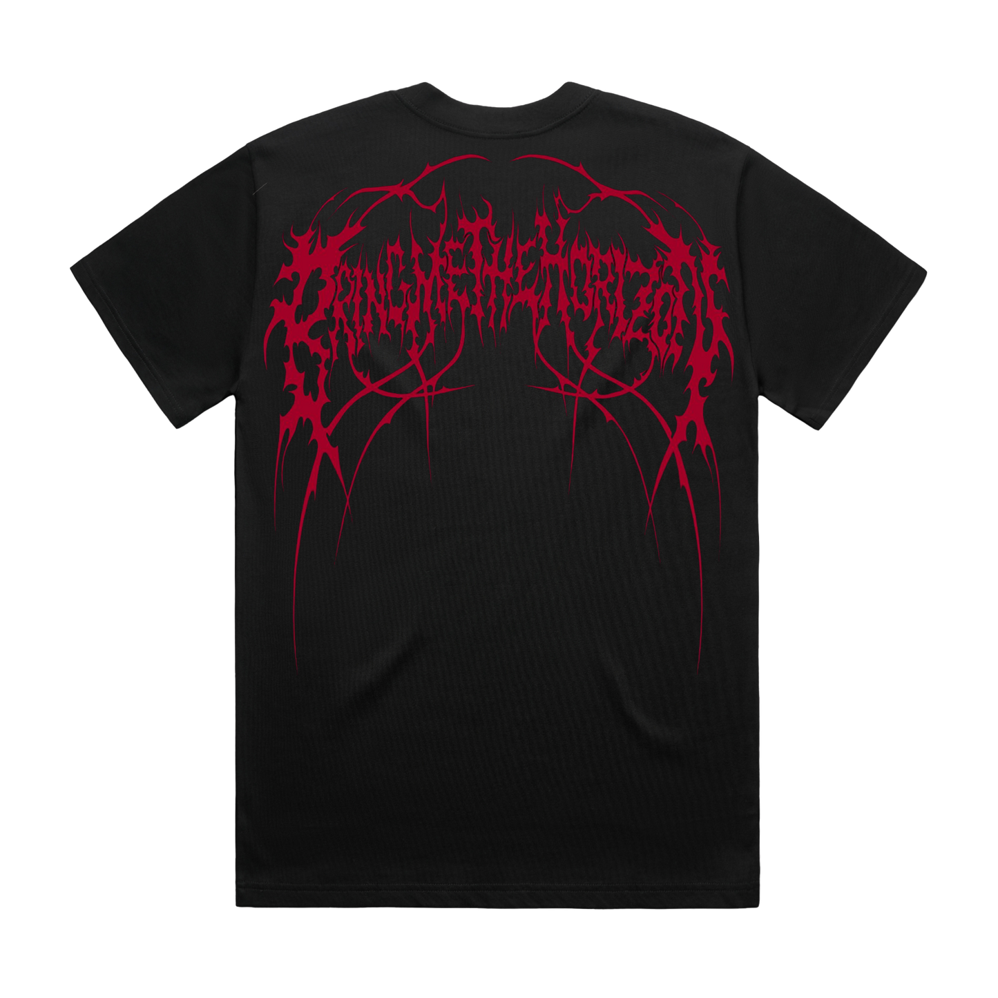 Black unisex short-sleeve regular fit T-Shirt with red Bring Me the Horizon logo print across the back