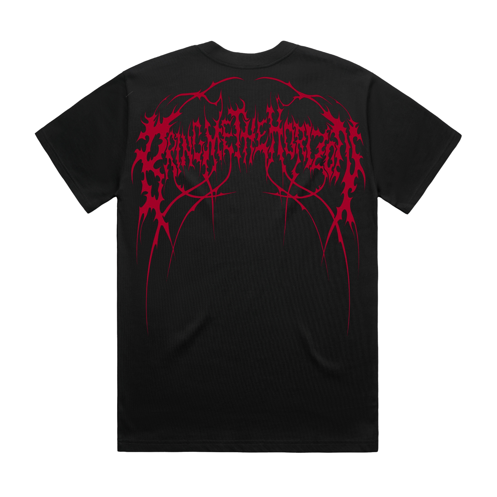 Black unisex short-sleeve regular fit T-Shirt with red Bring Me the Horizon logo print across the back