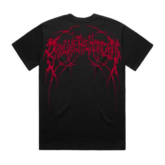 Black unisex short-sleeve regular fit T-Shirt with red Bring Me the Horizon logo print across the back