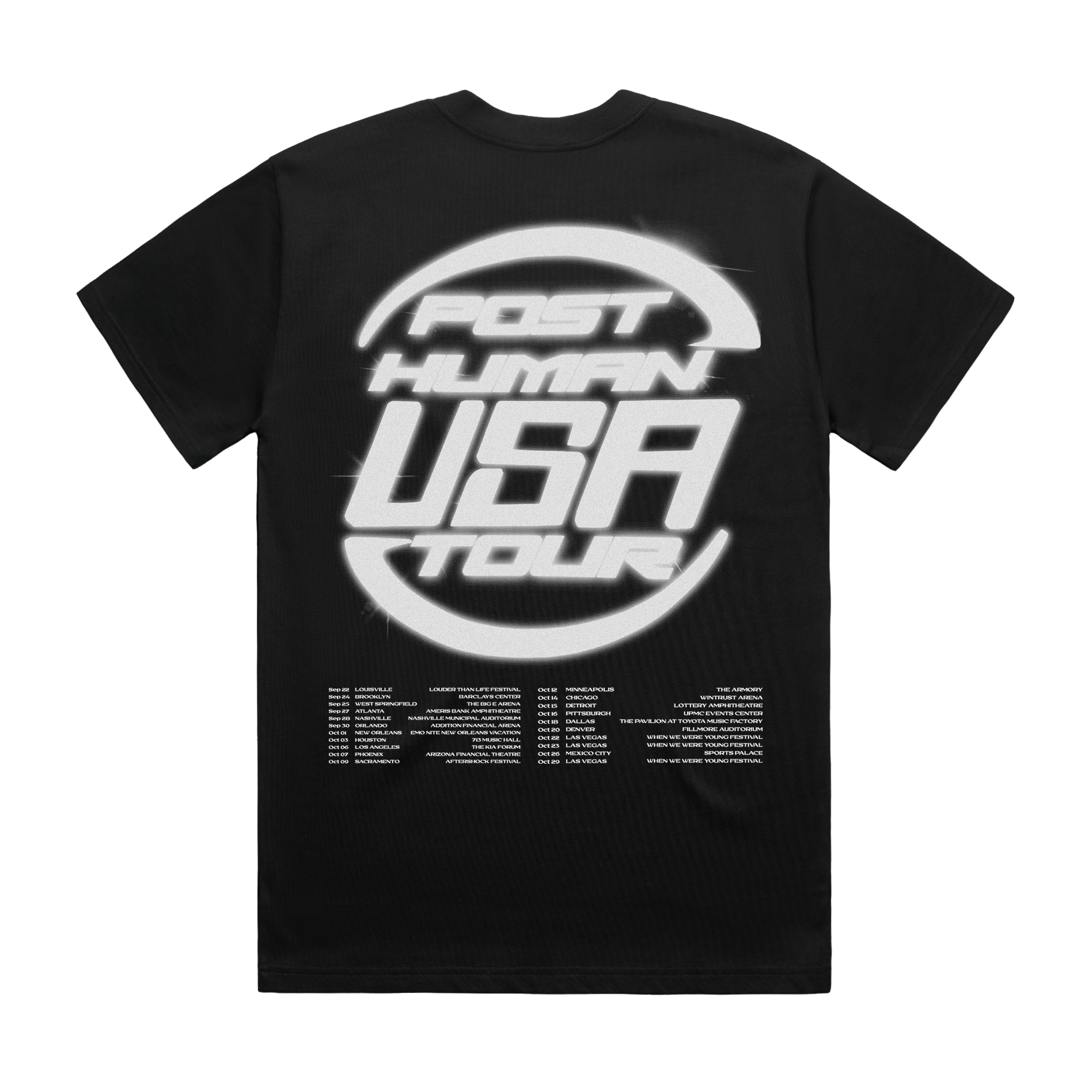 Black unisex short-sleeve regular fit T-shirt with red BMTH star print across the front and Post Human USA tour date print across the back