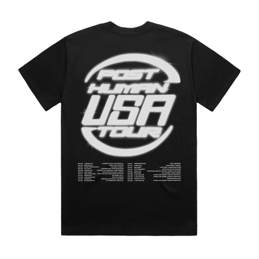 Black unisex short-sleeve regular fit T-shirt with red BMTH star print across the front and Post Human USA tour date print across the back