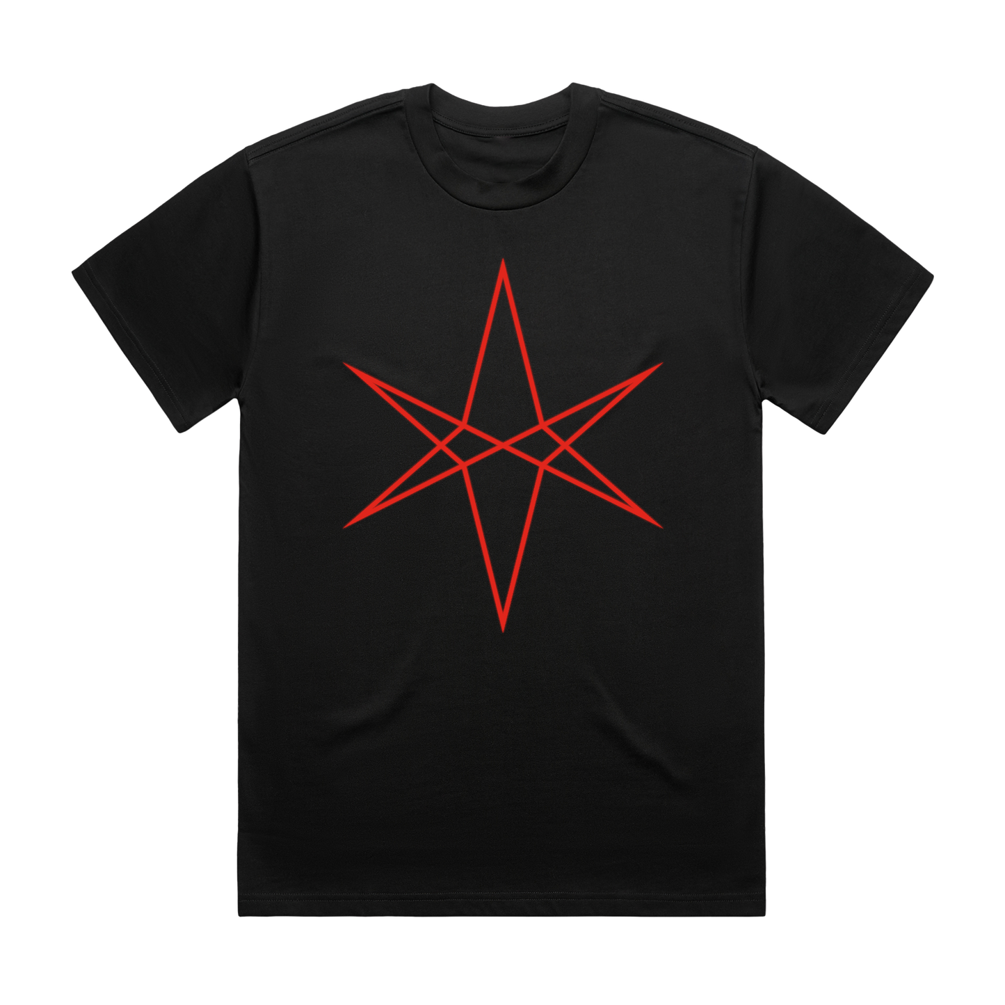 Black unisex short-sleeve regular fit T-shirt with red BMTH star hex print across the front and Post Human USA tour date print across the back