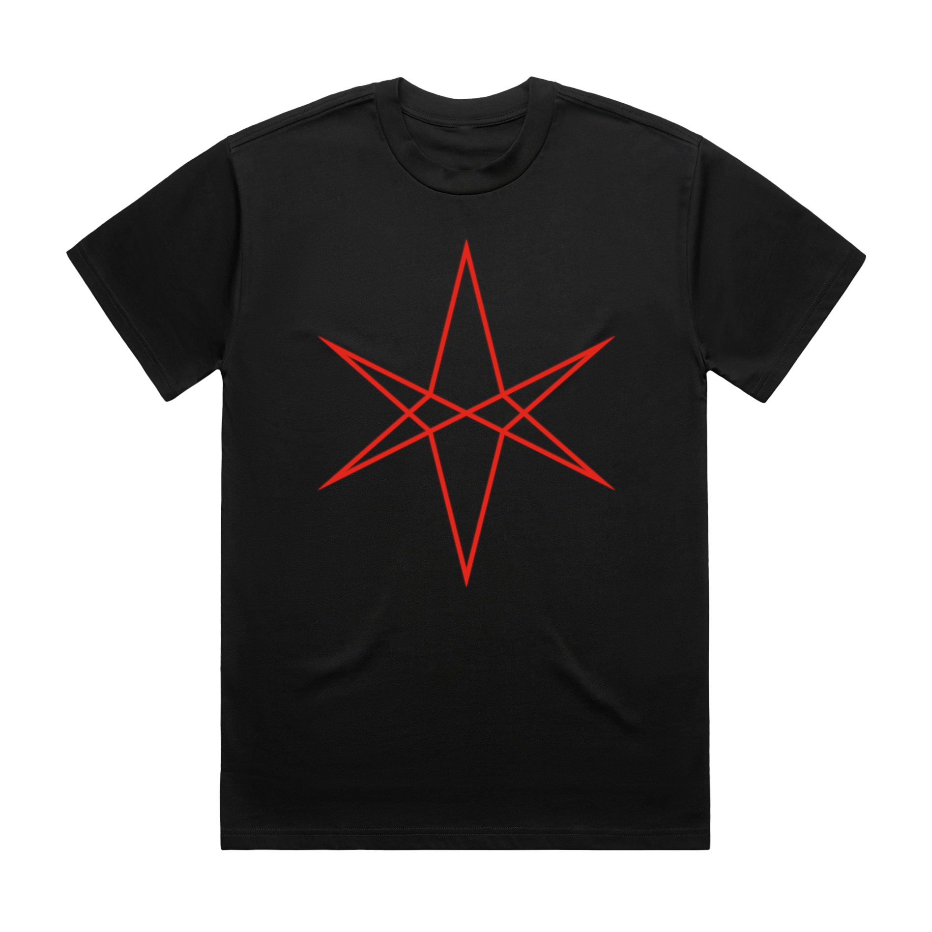 Black unisex short-sleeve regular fit T-shirt with red BMTH star hex print across the front and Post Human USA tour date print across the back