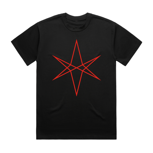 Black unisex short-sleeve regular fit T-shirt with red BMTH star hex print across the front and Post Human USA tour date print across the back