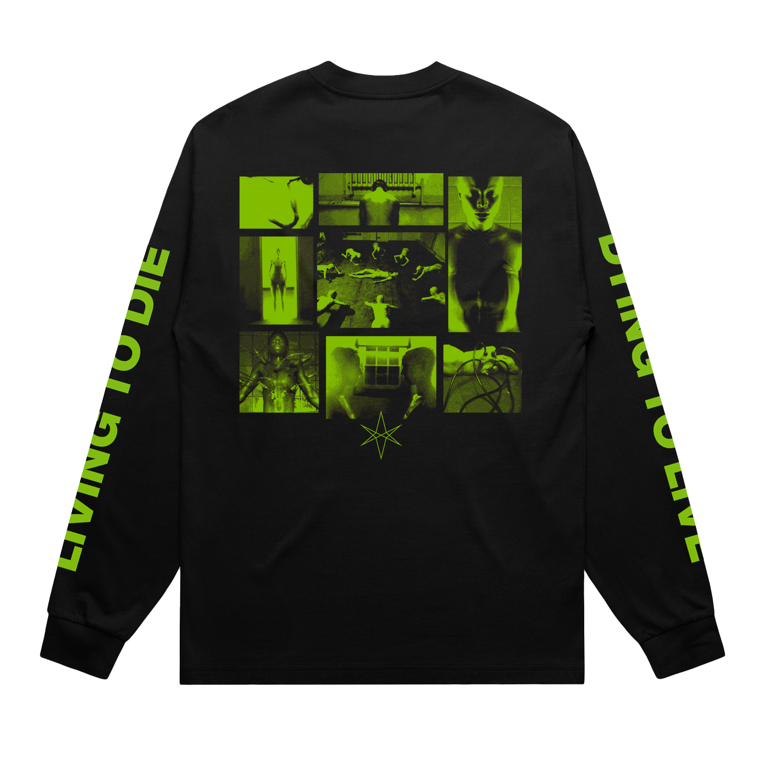 Black unisex long-sleeve regular fit T-shirt with green 'BMTH' text print across the front chest, green 'Dying to Live' text print along the sleeves, and green collage print across the back.
