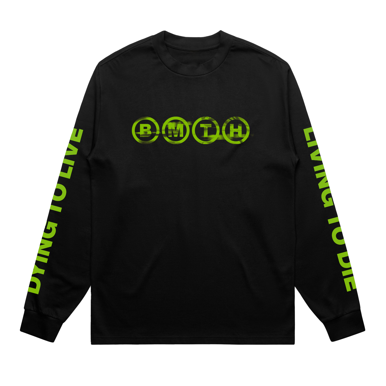 Black unisex long-sleeve regular fit T-shirt with green 'BMTH' text print across the front chest, green 'Dying to Live' text print along the sleeves, and green collage print across the back.