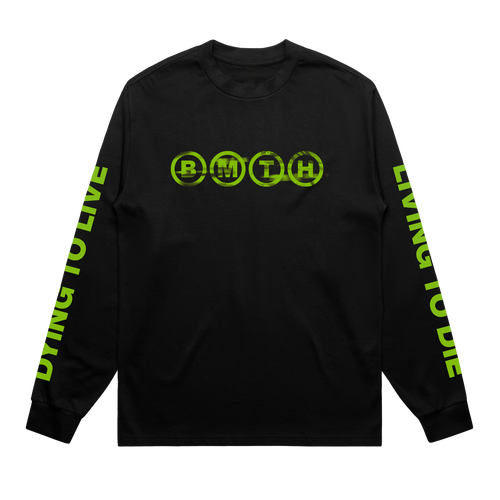 Black unisex long-sleeve regular fit T-shirt with green 'BMTH' text print across the front chest, green 'Dying to Live' text print along the sleeves, and green collage print across the back.