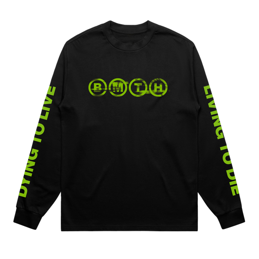 Black unisex long-sleeve regular fit T-shirt with green 'BMTH' text print across the front chest, green 'Dying to Live' text print along the sleeves, and green collage print across the back.