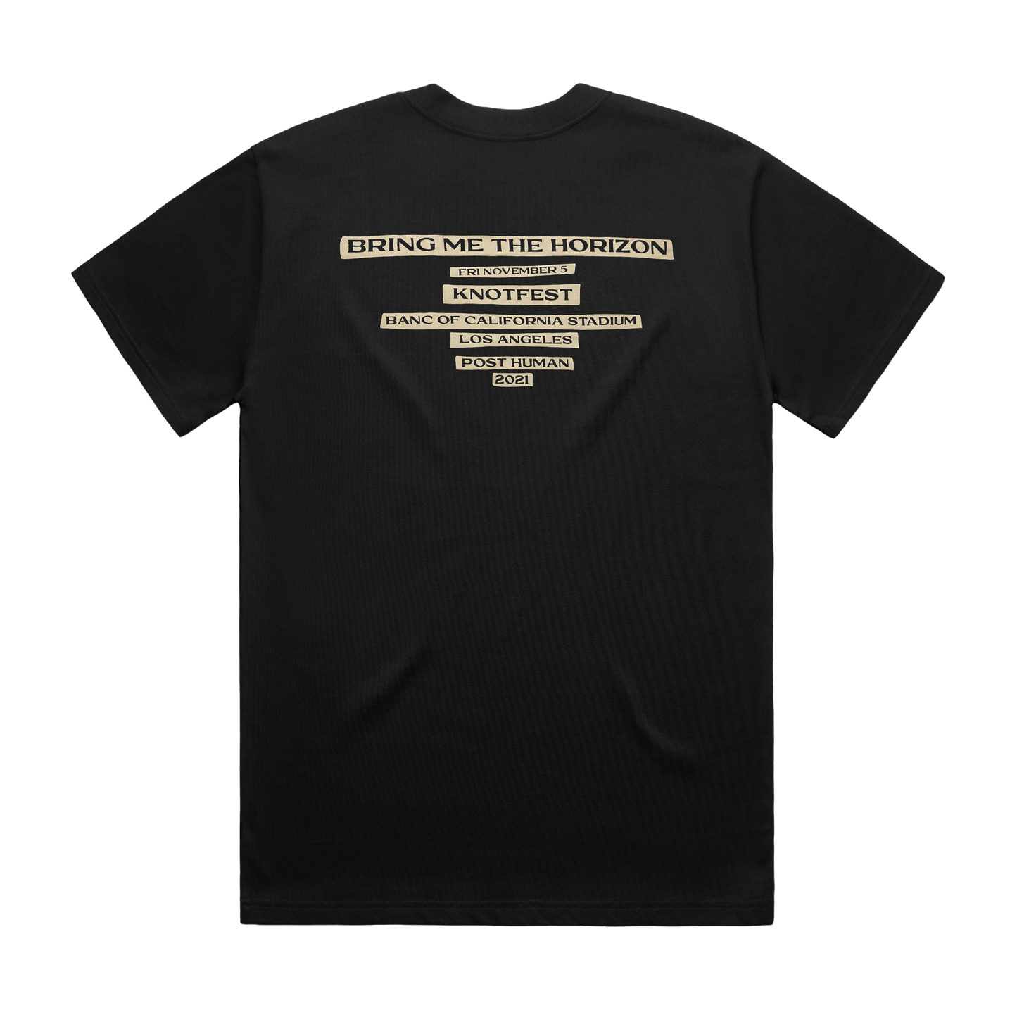 Black unisex short-sleeve regular fit T-shirt with Bring Me the Horizon 2021 tour date text print across the back.