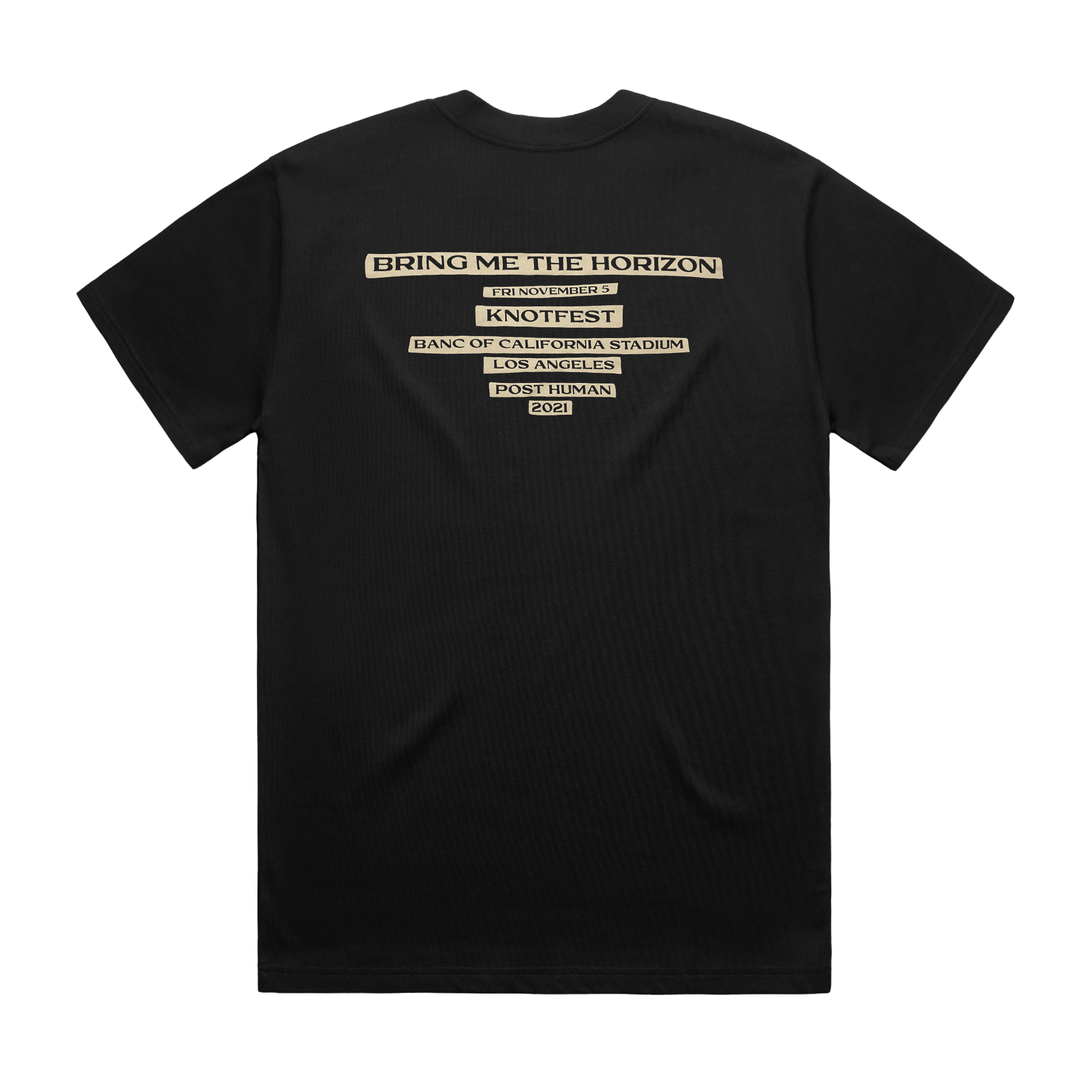 Black unisex short-sleeve regular fit T-shirt with Bring Me the Horizon 2021 tour date text print across the back.