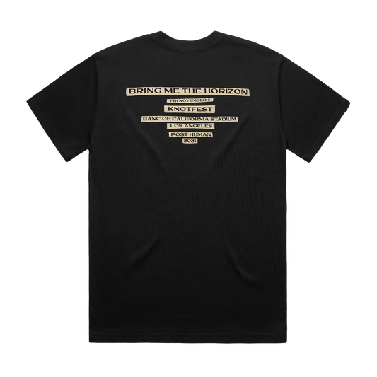Black unisex short-sleeve regular fit T-shirt with Bring Me the Horizon 2021 tour date text print across the back.