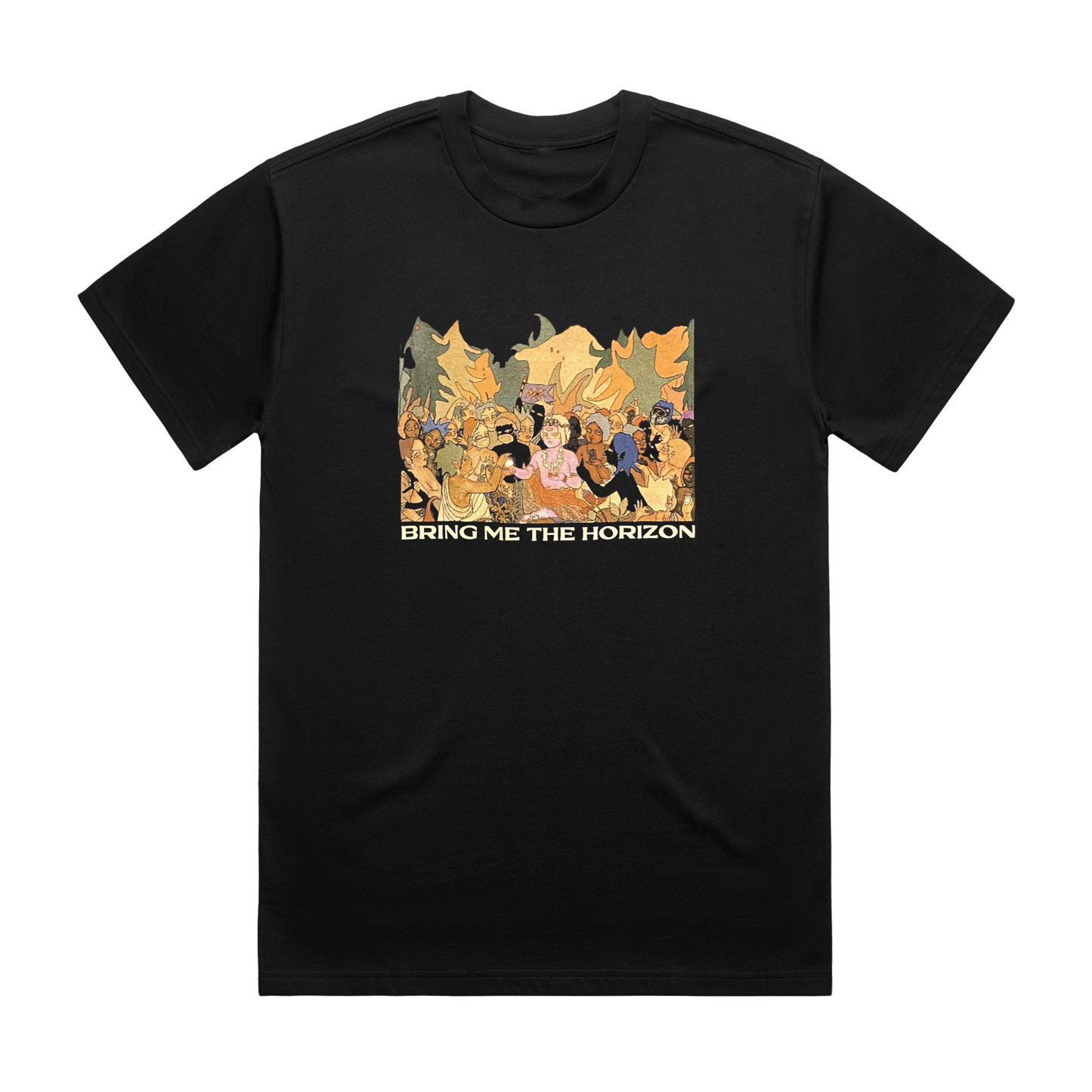 Black unisex short-sleeve regular fit T-shirt with Bring Me the Horizon Survival Horror album art print across the front.