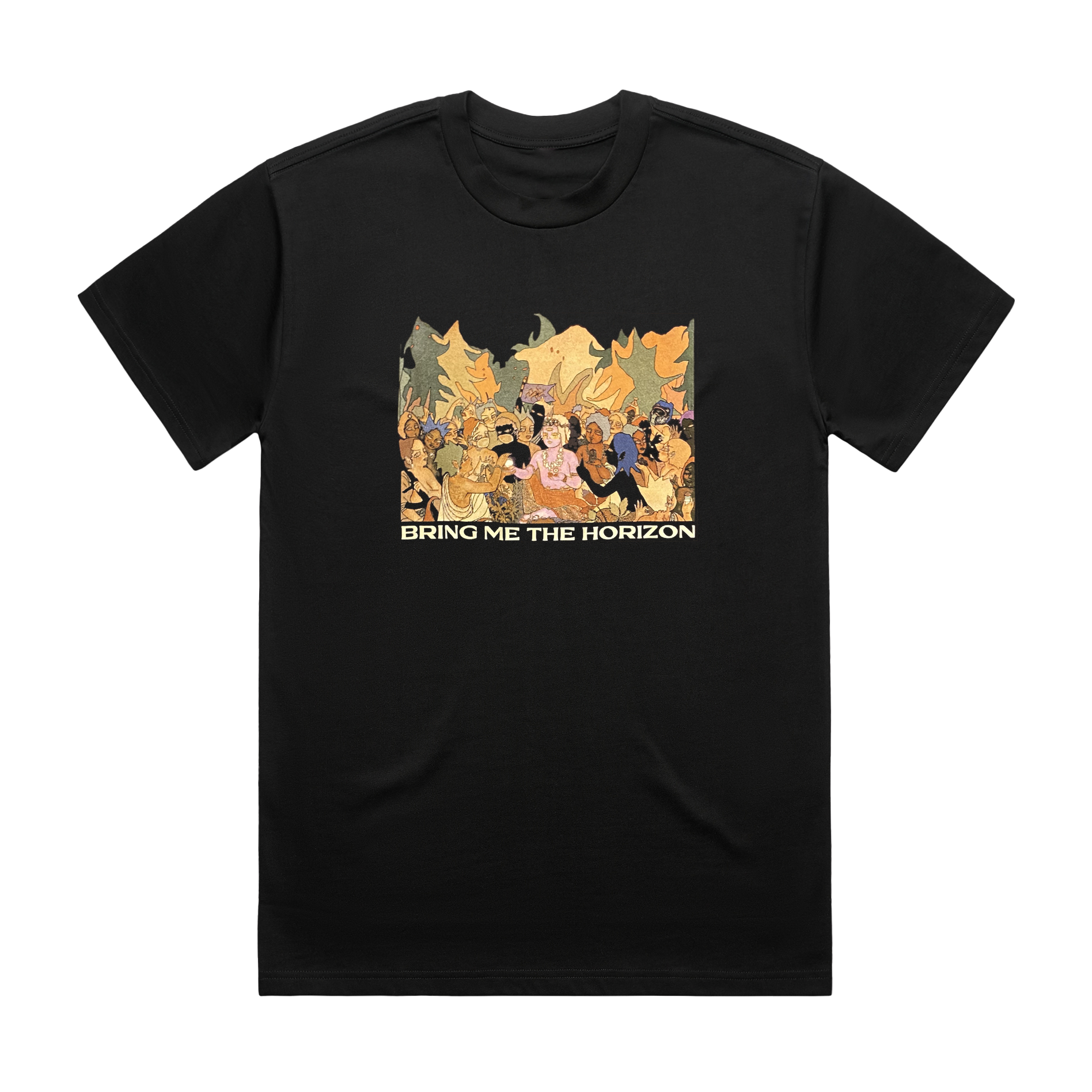 Black unisex short-sleeve regular fit T-shirt with Bring Me the Horizon Survival Horror album art print across the front.