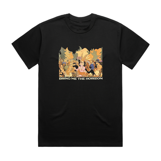Black unisex short-sleeve regular fit T-shirt with Bring Me the Horizon Survival Horror album art print across the front.