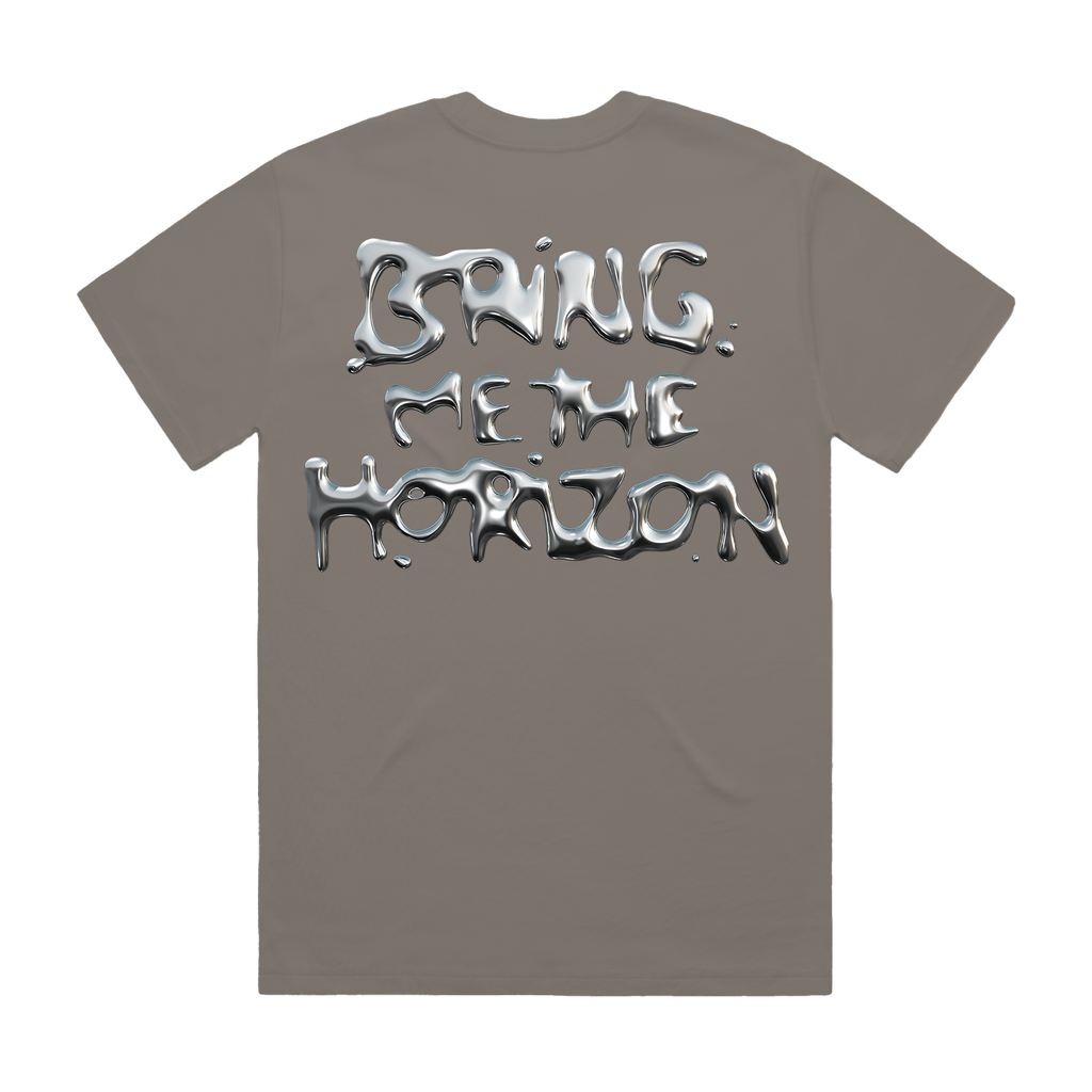 Asphalt coloured unisex short-sleeve t-shirt with silver chrome 'Bring Me the Horizon' print across the back