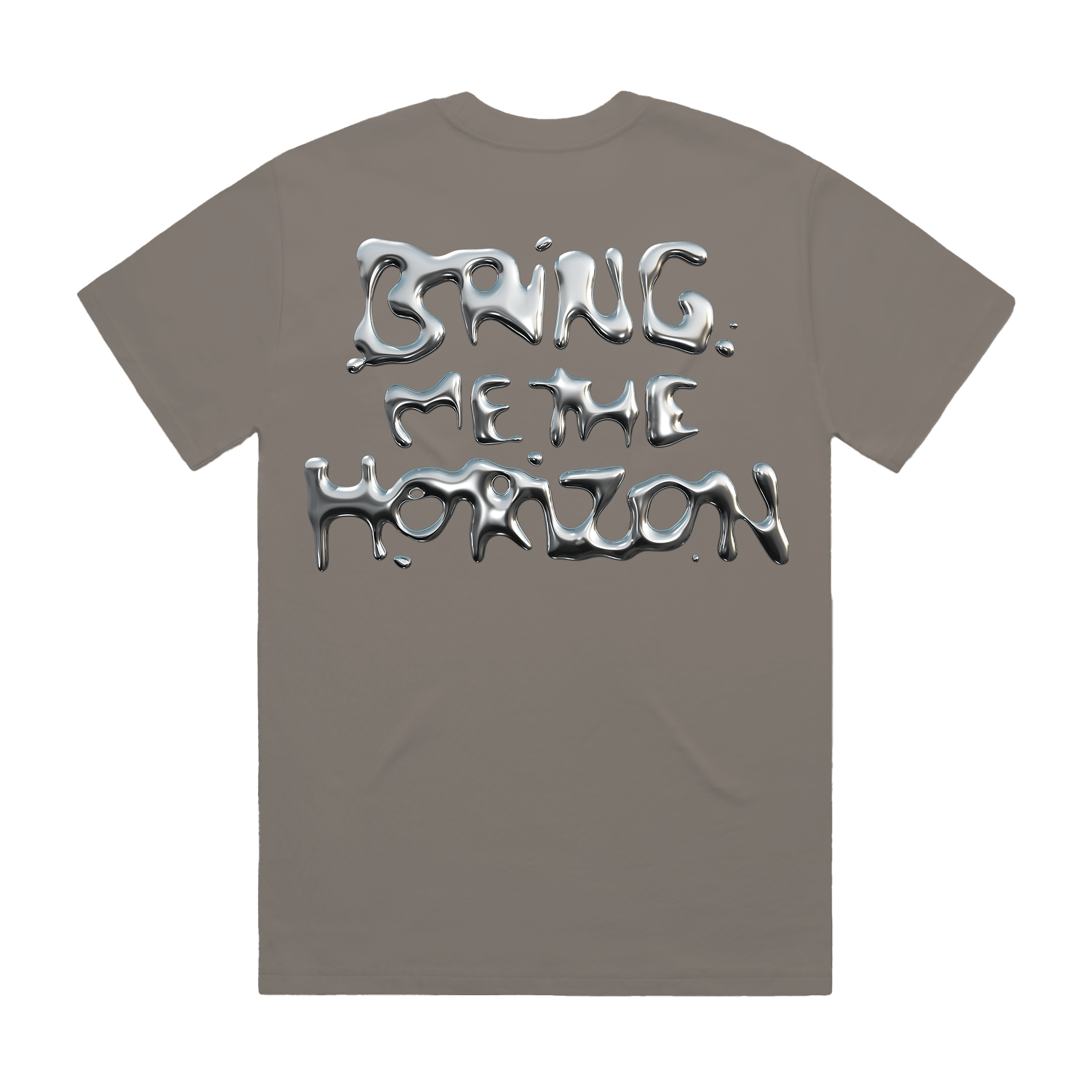 Asphalt coloured unisex short-sleeve t-shirt with silver chrome 'Bring Me the Horizon' print across the back