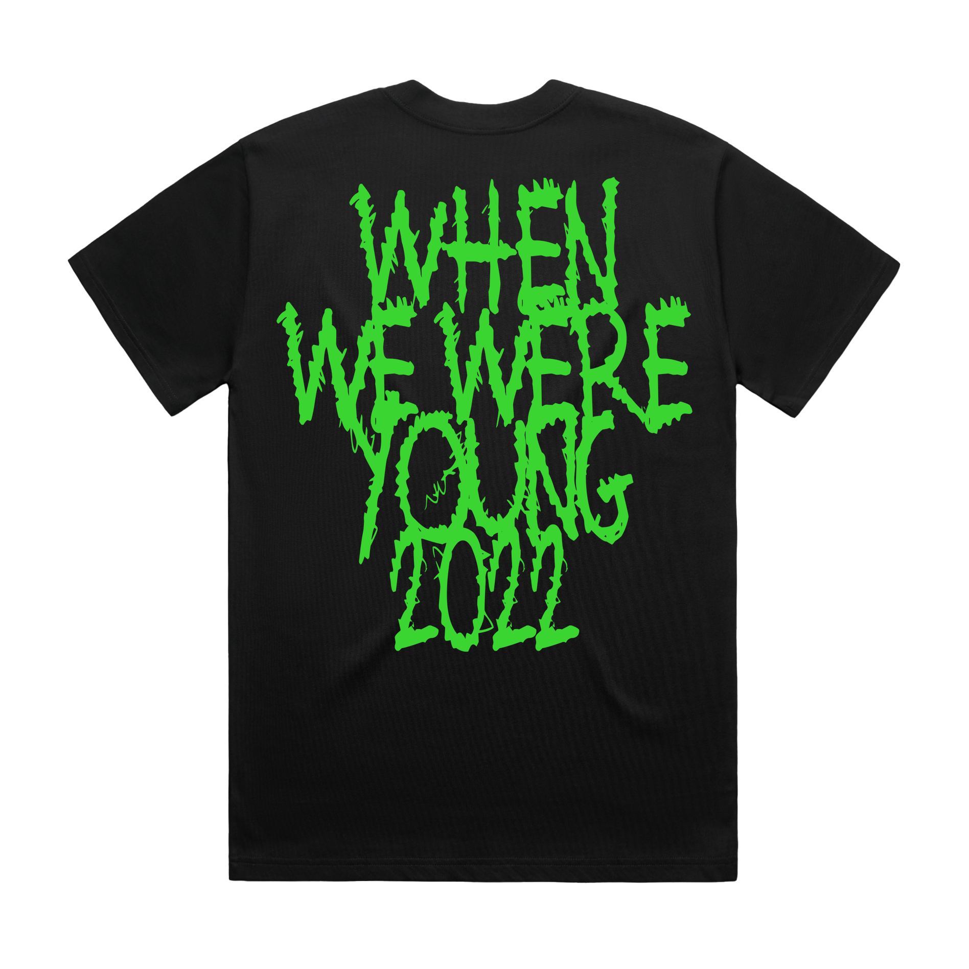 Black unisex short-sleeve regular fit T-shirt with green 'Bring Me the Horizon' text print across the front and green 'When We Were Young 2022' text print across the back.