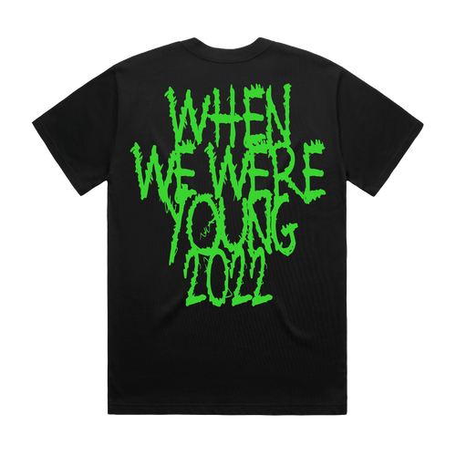 Black unisex short-sleeve regular fit T-shirt with green 'Bring Me the Horizon' text print across the front and green 'When We Were Young 2022' text print across the back.